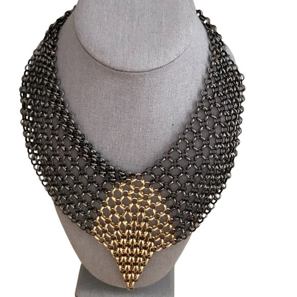 Maximalist Gunmetal & Bronze Chainmail Style Fringe Bib Statement Necklace - Picture 1 of 6